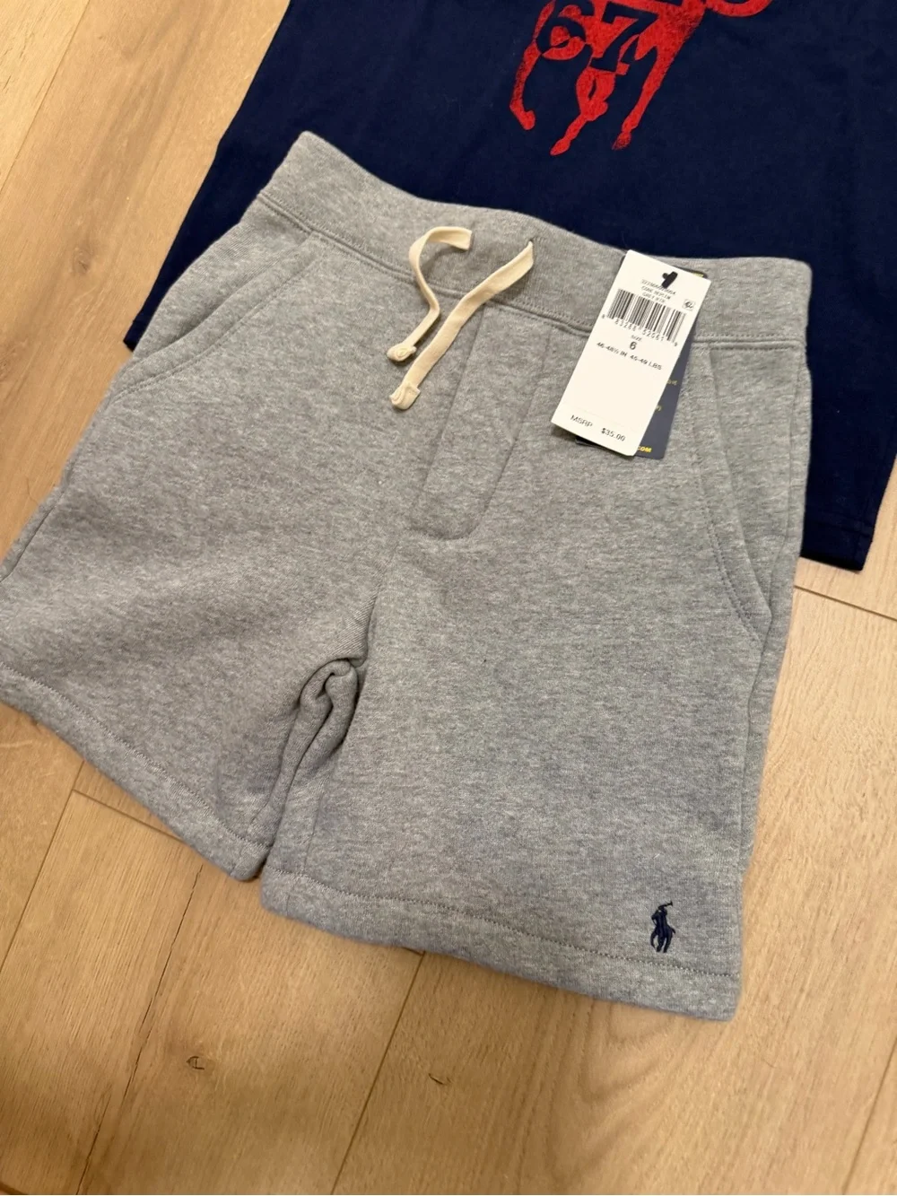 Polo by Ralph Lauren Navy Tee with Red Logo & Gray Drawstring Shorts